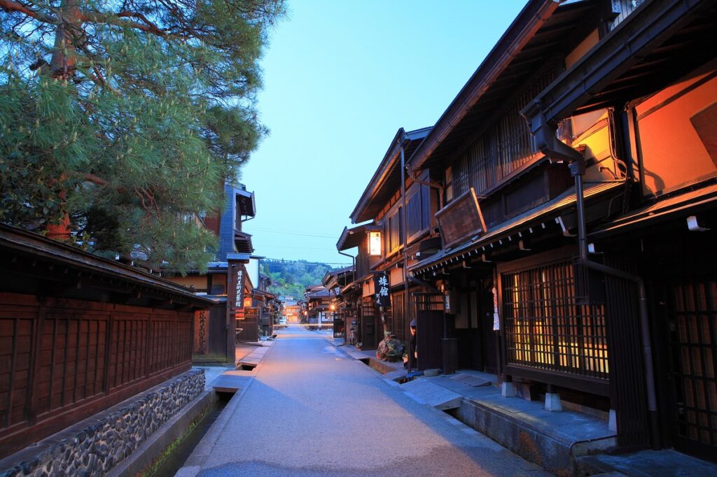 Historic Takayama Old Town with preserved Edo-period architecture at dusk