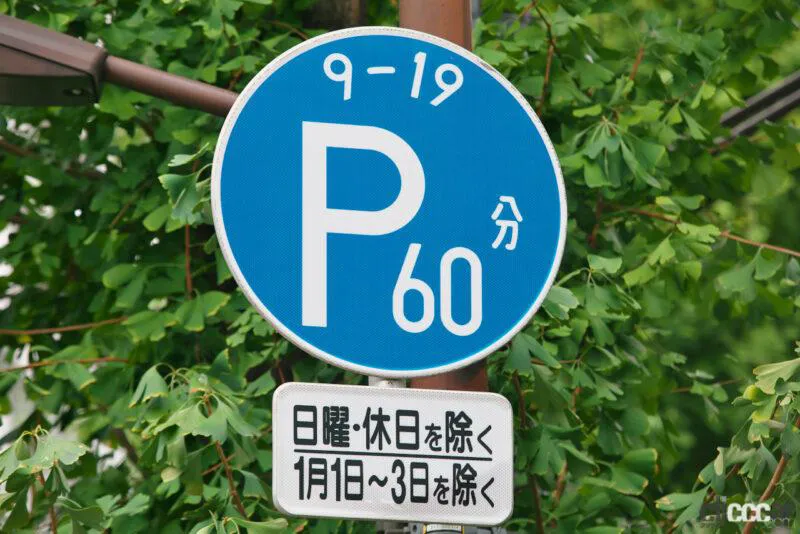 Blue parking time limit sign showing 60 minutes from 9 to 19