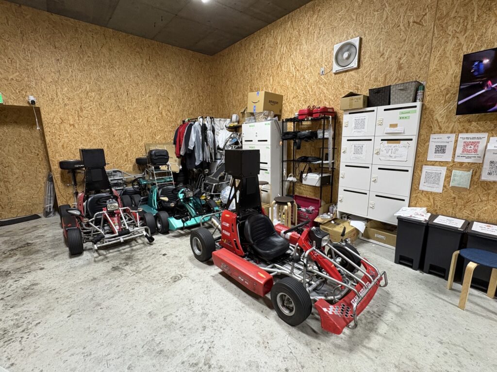 Fleet of street go karts stored inside a Shibuya tour garage