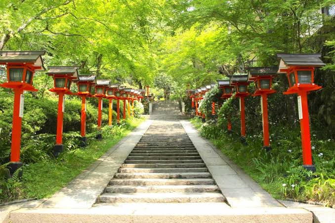 Kifune Shrine approach surrounded by greenery in Kyoto
