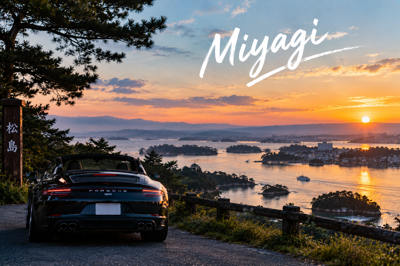 Miyagi travel illustration showing a convertible overlooking an island-filled bay at sunset